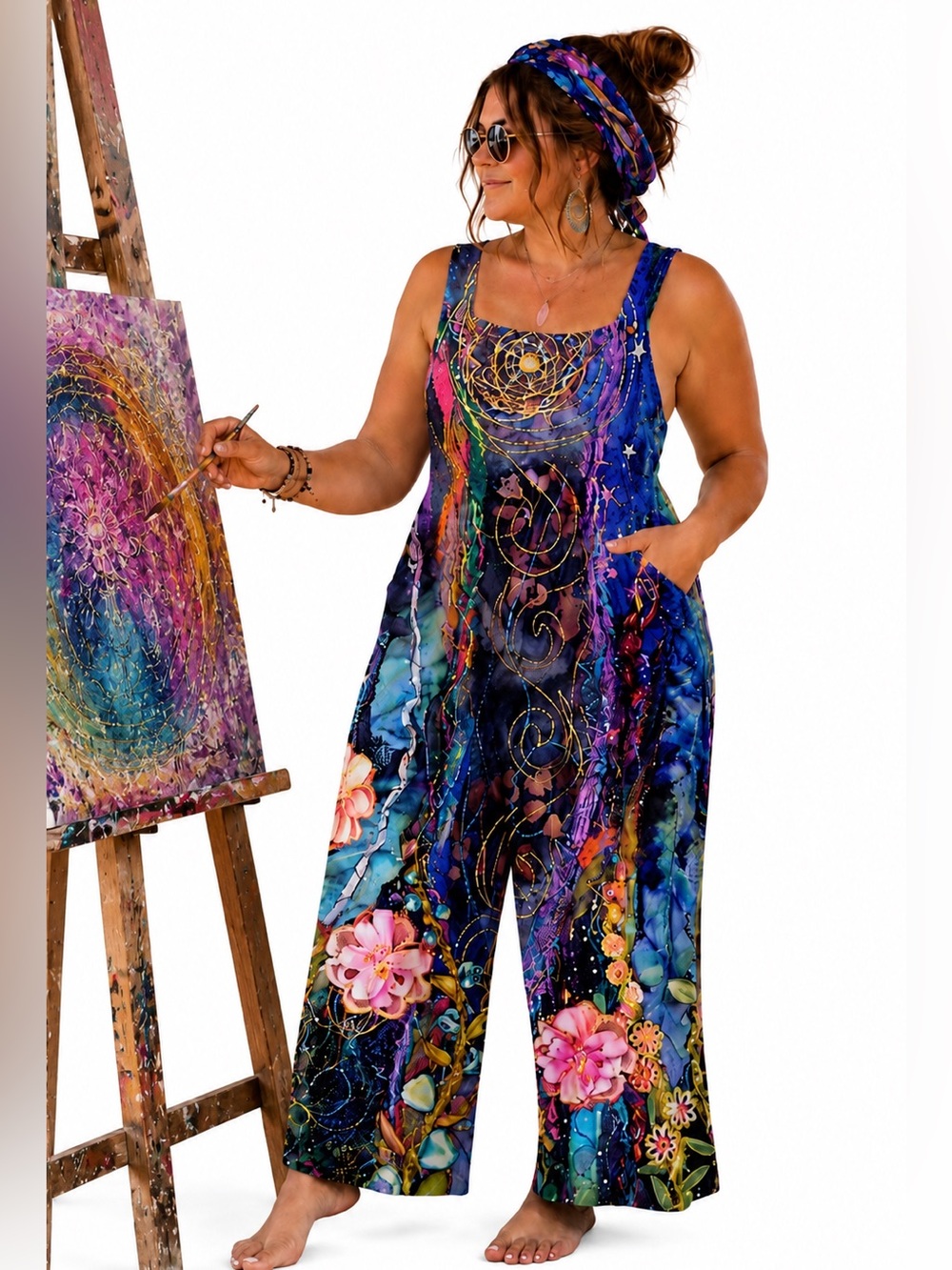 Womens Overalls Summer Burningman Bright Abstract Oversized / Pockets Boho Artsy